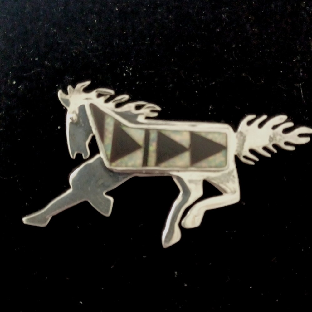 Vtg.Native American Signed G sterling silver inlaid onyx & opal running horse pi
